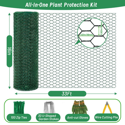 Convivium Plant Protectors from Animals, 0.8mm Free-Cut Green Chicken Wire Mesh, PVC Coated Tree Trunk Guard & Garden Fence for Outdoor Plants with Zip Ties, Stakes, Pliers, Gloves（33Ft*16In）