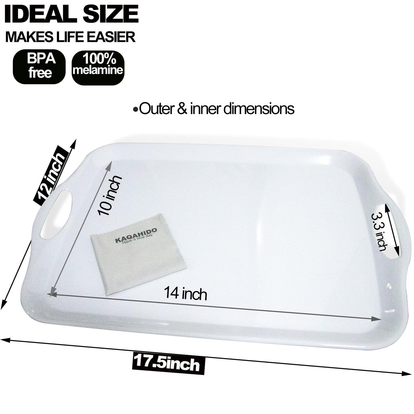 KAQAHIDO Large Melamine Serving Trays for Eating, 17.5’’ x 12’’ Serve Platter for Appetizer, Charcuterie, Food, Snack, Cupcakes, Dessert, BPA-Free, Dishwasher Safe Tray, Set of 2, White