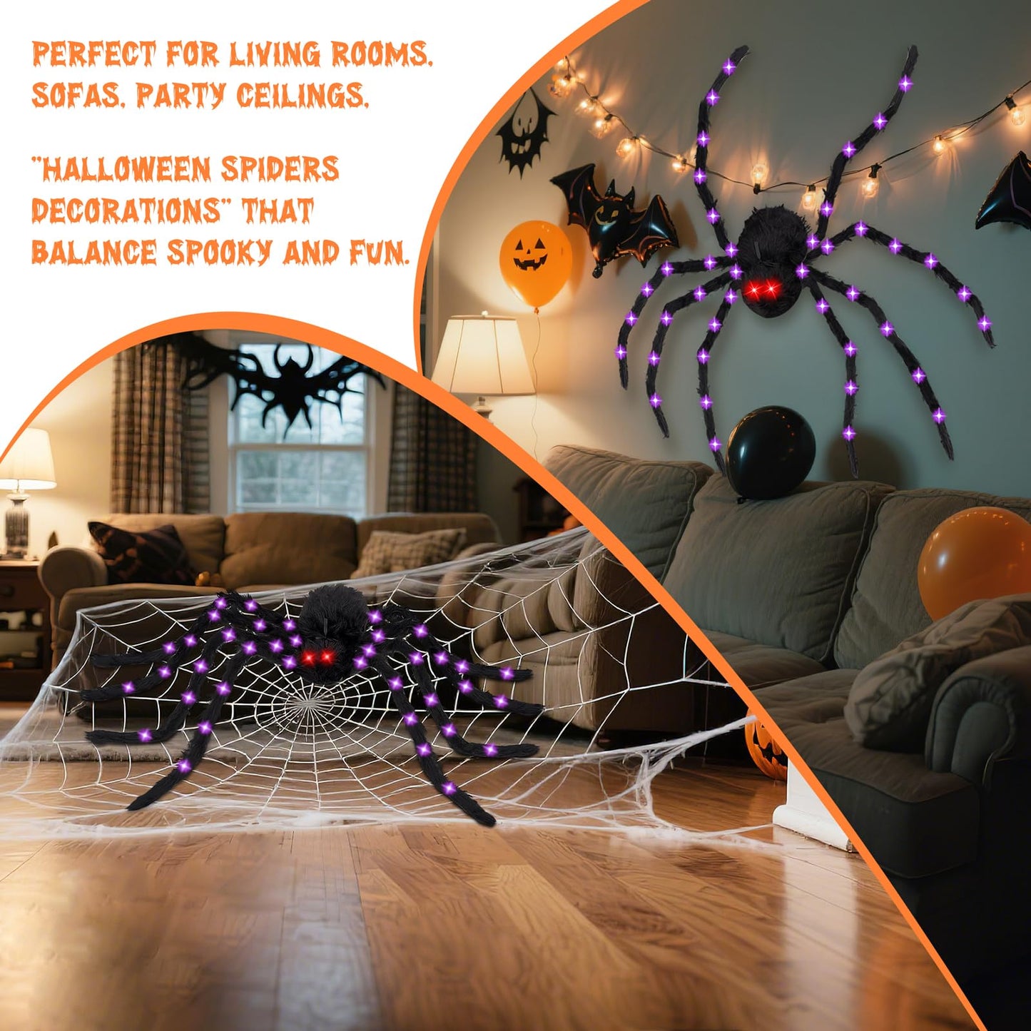 BUFANYU Halloween Decorations Giant Spider - Large Light Up Spider 78IN 44 Purple Lights & 2 Red Eyes, Bendable Metal Legs, 8 Light Modes - Halloween Decor for Outdoor Yard Party Haunted House