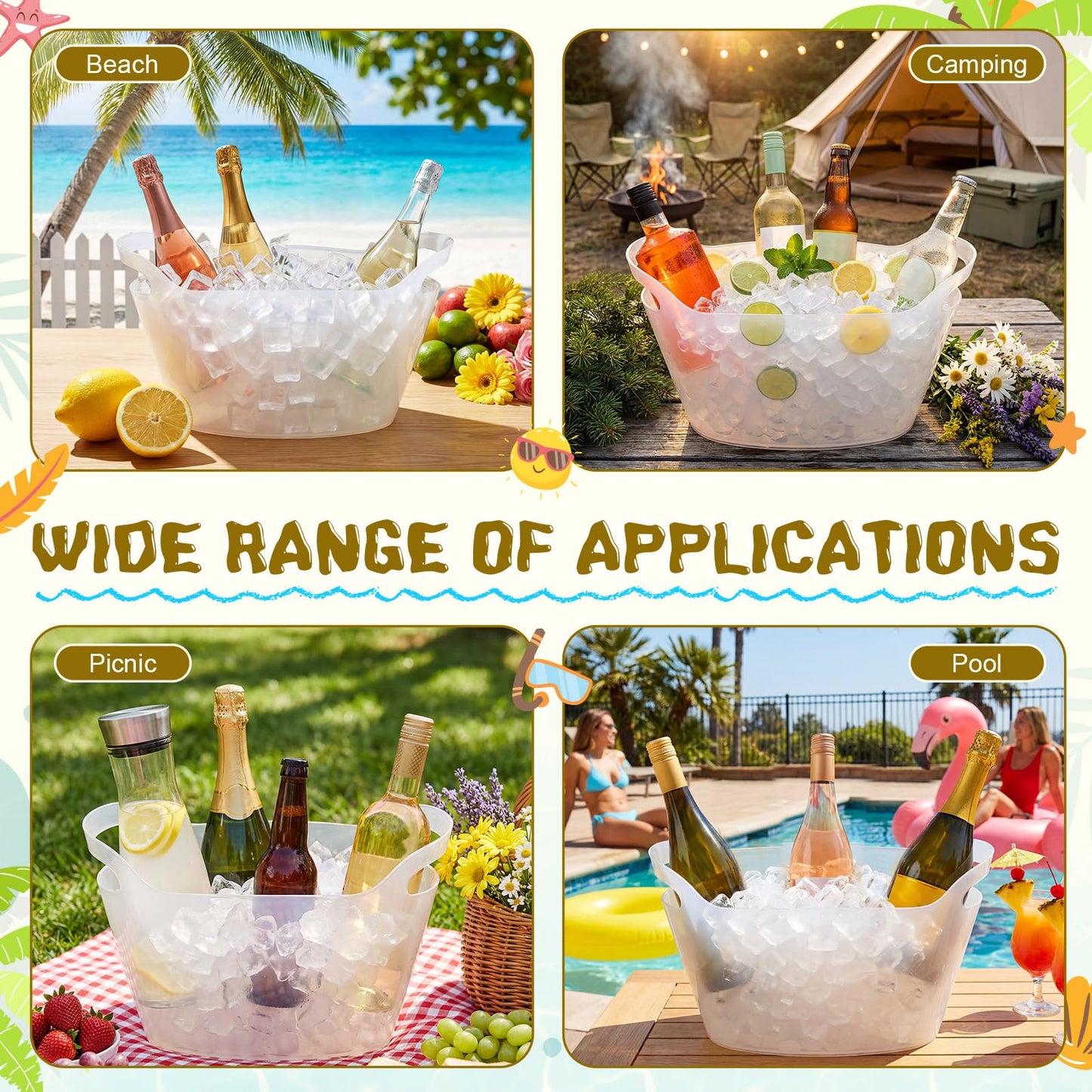 meekoo 6 Pack 6l Ice Bucket for Parties, Plastic Beverage Tub with Handles, Portable Ice Drink Bucket for Wine, Champagne, Beer, Cocktail, Large Drink Chiller for Wedding, Bar, Picnic, Pool(Clear)