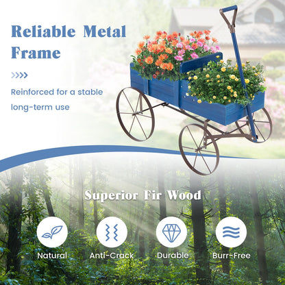 Giantex Decorative Garden Planter, Small Wagon Cart with Metal Wheels, Wood Raised Beds Plant Pot Stand for Backyard Garden Patio 24.5”Lx13.5”Wx24”H (Blue)