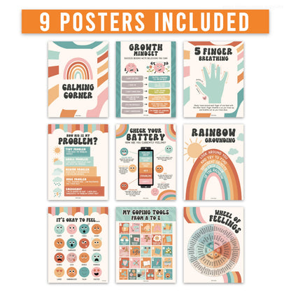 Hadley Designs 9 Calming Corner Posters for Classroom Must Haves - Calm Down Corner Supplies with Emotions Chart, School Counselor Mental Health Poster, Feelings Chart For Kids, Retro Classroom Decor