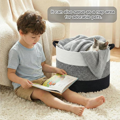 Artfeel 70L Large Cotton Rope Basket, Decorative Woven Blanket Storage for Living Room, Boho Toy Storage & Toy Box for Kids, Versatile Laundry Basket & Nursery Hamper for Blankets(Black)