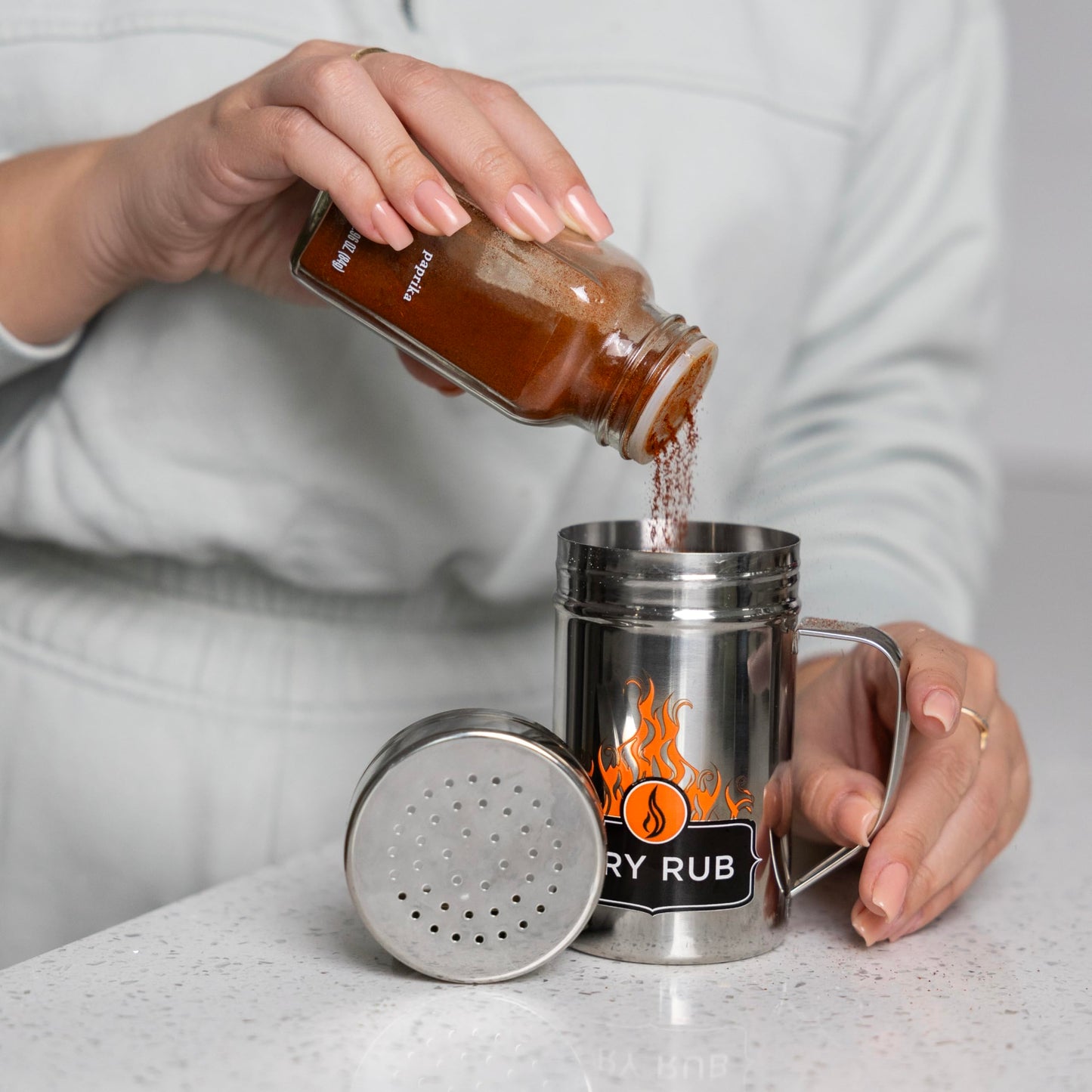 Outset Stainless Steel Dry Rub Shaker With Lid, 13oz Seasoning Dispenser