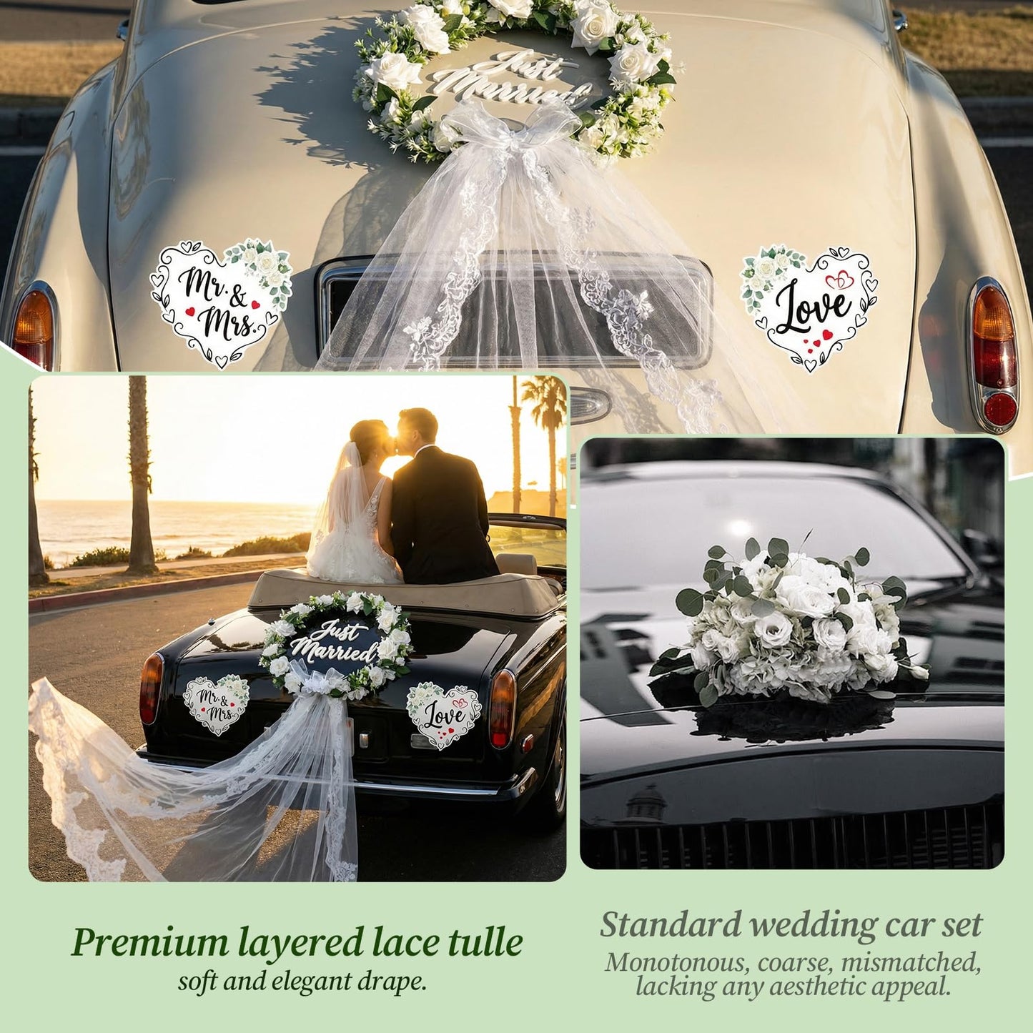 Just Married Car Decorations Set – White Floral Wreath with Long Tulle, Static-Cling Window Decal, Magnetic “Mr & Mrs” & “Love” Heart Signs – Elegant Wedding Getaway Car Decor Kit