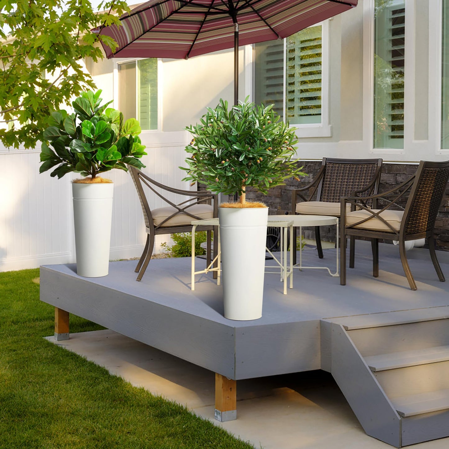 KOL 28" White Metal Planter Set, Galvanized Steel Plant Pots for Indoor Outdoor Decor with Artificial Olive Tree & Fiddle Leaf Fig, Faux Plants with Natural Coconut Fiber (Total Height 4.2FT)