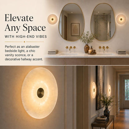 Natural Spanish Alabaster Wall Sconce, Modern Round Marble Wall Light with Unique Veins, Mid-Century Minimalist Stone Wall Lamp for Bedroom, Living Room, Hallway, Alabaster Light Fixture (Brass)