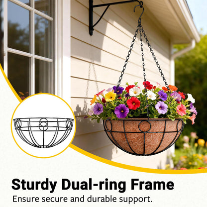 ZeeDix 2 Pack 14 Inch Metal Outdoor Plant Hanging Baskets, Round Wire Planter Basket with Coco Coir Liner, Large Hanging Flower Pots for Outdoor Garden Yard Patio Porch Balcony Decor