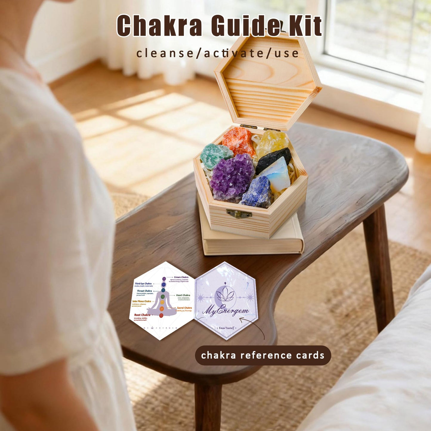 MYDAYS&DESIGN 7 Chakra Healing Crystals Set for Meditation Yoga Reiki, Amethyst Cluster, Lapis Lazuli, Opal, Green Aventurine, Citrine, Sunstone, Black Tourmaline with Wooden Gift Box and Guidebook