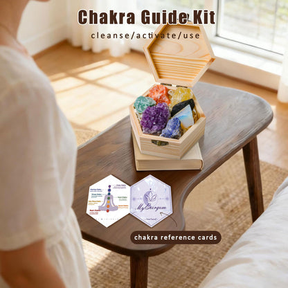 MYDAYS&DESIGN 7 Chakra Healing Crystals Set for Meditation Yoga Reiki, Amethyst Cluster, Lapis Lazuli, Opal, Green Aventurine, Citrine, Sunstone, Black Tourmaline with Wooden Gift Box and Guidebook
