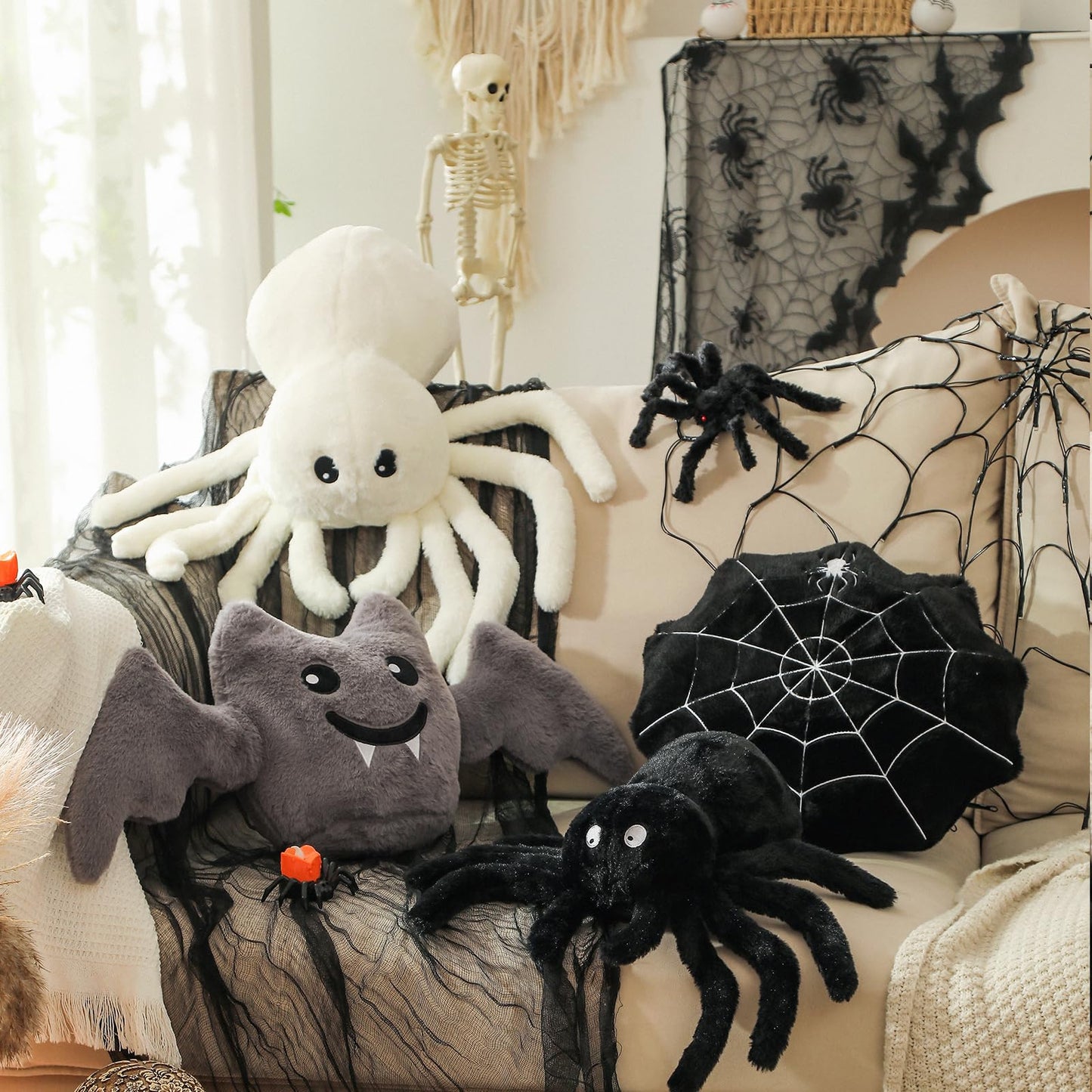 YRXRUS Spider Pillows, Halloween Pillows, Cute Spider Shaped Throw Pillow for Happy Halloween Decoration, White Plush Pillow Gifts, 12x18 in Small Cute Soft Rabbit Fur for Fall Accent Pillow