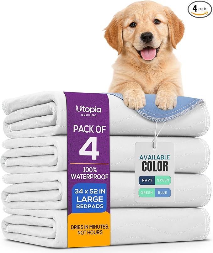 Utopia Bedding Washable Pee Pads for Dogs 34" x 52" (Pack of 4), Waterproof Incontinence Bed Pads for Adults, Elderly and Kids, Heavy Absorbency Pet Training Pads for Sofa and Couch (White, Blue)