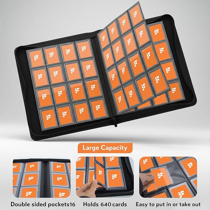 Toploader Binder,16 Pocket Top Loader Binders for 3" x 4" Rigid Cards,Toploader Card Binder for Hard Plastic Top Loaders,Holds 640 Top Loaders(Orange)