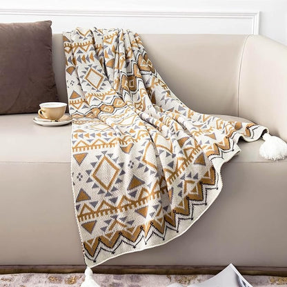 Boho Throw Blanket, Knitted Brown Tassel Throw Blankets, Soft Lightweight Vintage Tan Throw Blanket for Sofa Couch Bed and Living Room- All Seasons (50x60 Inch)