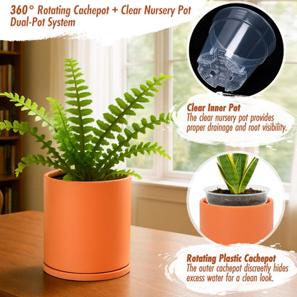 D'vine Dev Double-Layer Self-Draining Planter Set – Rotating Plastic Outer Pot with Clear Inner Liner for Root Health, Perfect for Indoor Plants, 4.5", Set of 2, Pumpkin, 73-V-E-1