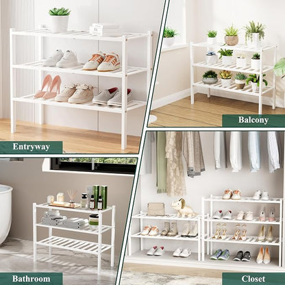 Smiry Small Bamboo Shoe Rack, 2 Tier Free Standing Wooden Shoe Organizer, Stackable Wood Shoe Storage Shelf for Closet, Entryway, 12 Vertical Slats, One-piece Standard Legs, 17.3"x11"x13", White