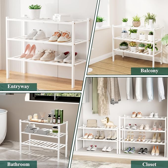 Smiry Bamboo Shoe Rack, 5 Tier Free Standing Wooden Shoe Organizer, Stackable Wood Shoe Storage Shelf for Closet, Entryway, 12 Vertical Slats, 2+2+1 Stack Standard Legs, 26.8"x11"x32.5", White