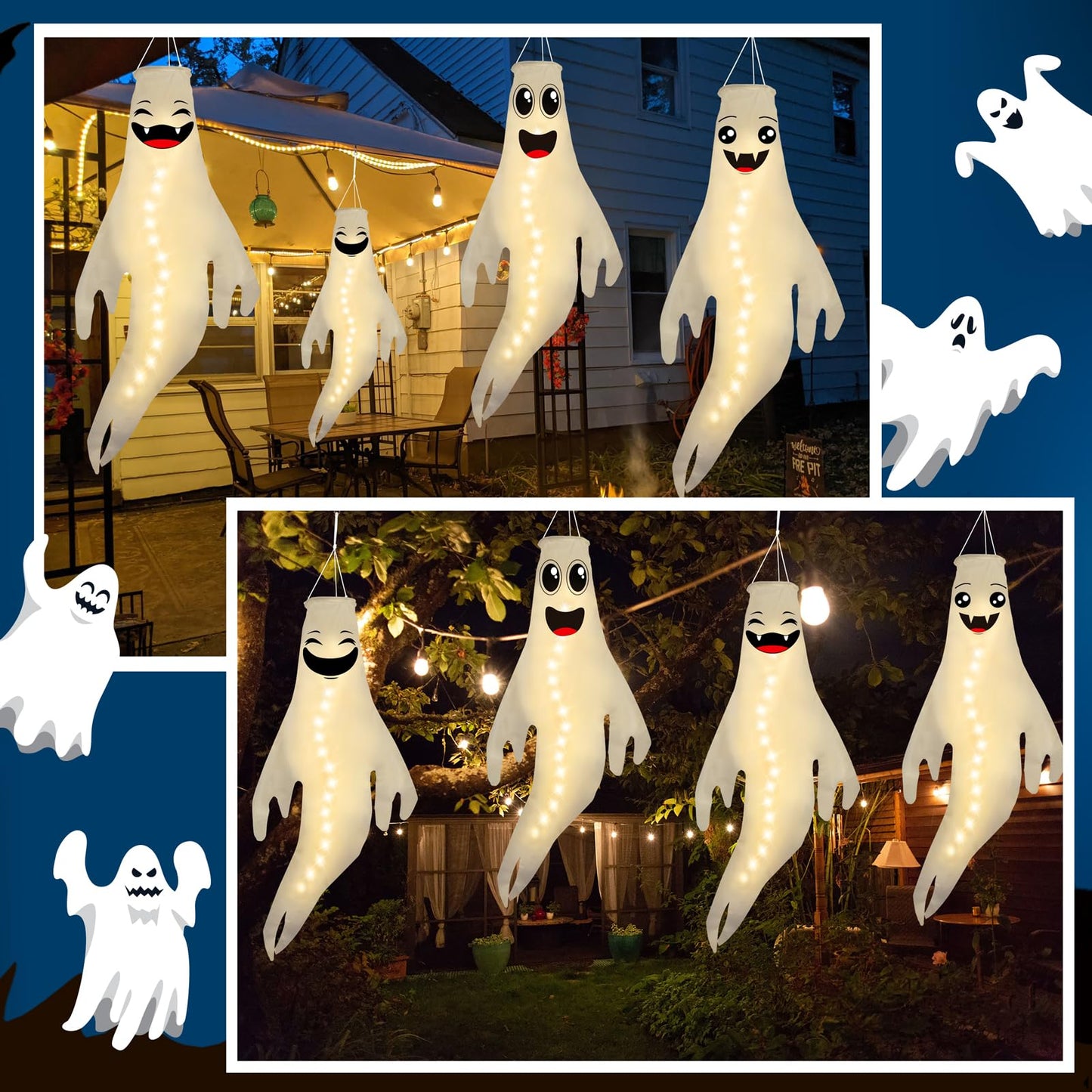Geefuun 4PCS Warm Light Halloween Cute Ghost Windsocks Hanging Decorations - 43 Inch Flag Wind Socks for Home Yard Outdoor Decor Party Supplies (Batteries Not Included,No Timer)