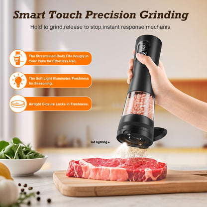 Electric Salt and Pepper Grinder Set, Automatic Refillable Salt and Pepper Shakers 2-Speed Setting with LED Light and 5 Adjustable Coarseness,Practical and Convenient Kitchen Gadgets（Black）