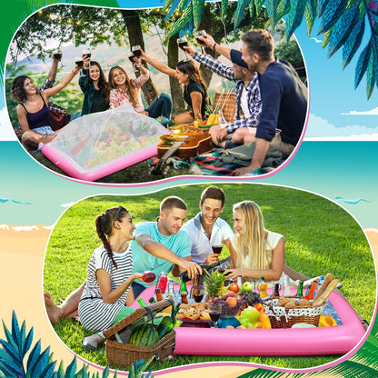 Leitee 3 Pcs Inflatable Serving Bar Kit Includes Salad Buffet Tray with Drain Plug Mesh Food Cover Food Drink Containers and Inflator for Ice Supplies Halloween Party Camping Picnic(Pink)