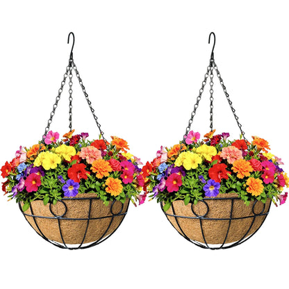 KIDYBELL 2 Pack 12 inch Black Round Metal Wire Hanging Planter Basket Outdoor Hanging Baskets Indoor with Coco Liner Pot Plant Holder for Home Garden Balcony Decor