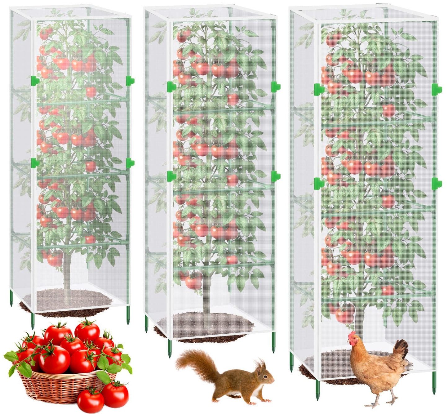 3Pack Garden Bird Netting Plant Cover for Square Tomato Cage,55.1"x15.7" Insect Bird Barrier Tomato Cage Net with Zipper&12pcs Clips,Tomato Trellis Netting Protection Mesh Cover for Protecting Plants