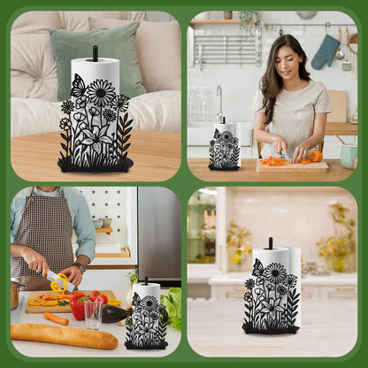Yiyiring Wildflower Kitchen Countertop Paper Towel Holder Decorative Paper Towel Holder Black Metal Tissue Stand Kitchen Decor Accessories for Home Party Bathroom Countertop Dining Table