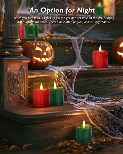 Homemory 2" x 2" Green & Red Timer Flickering Flameless Candles, 400+ Hour Battery Operated Votive Candles, 6Pack 3D Wick Electric Fake Candles for Party, Christmas, Halloween and Festival Celebration