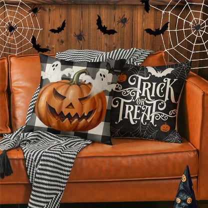 MODOVOS Halloween Pillow Covers 18x18 Set of 4 Buffalo Plaid Spooky Ghost Pumpkin Truck Halloween Decorations Trick or Treat Throw Pillow Covers Spider Web Bat Cushion Case for Sofa Couch