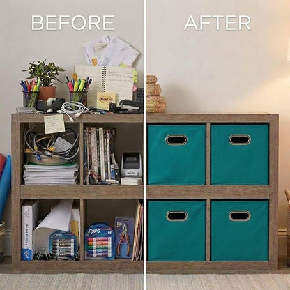Household Essentials Fabric Storage Bins in Strong Poly‑Woven Fabric, Sturdy Chipboard Sides, Grommet Front Handle, Teal Green, Set of 6