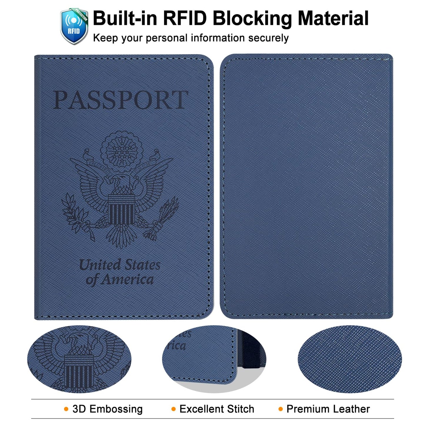 RSAquar Passport Holder for Women and Men, Premium PU Leather Travel Passport Wallet RFID Blocking Passport Cover Travel Documents Organizer (JD-Blue)