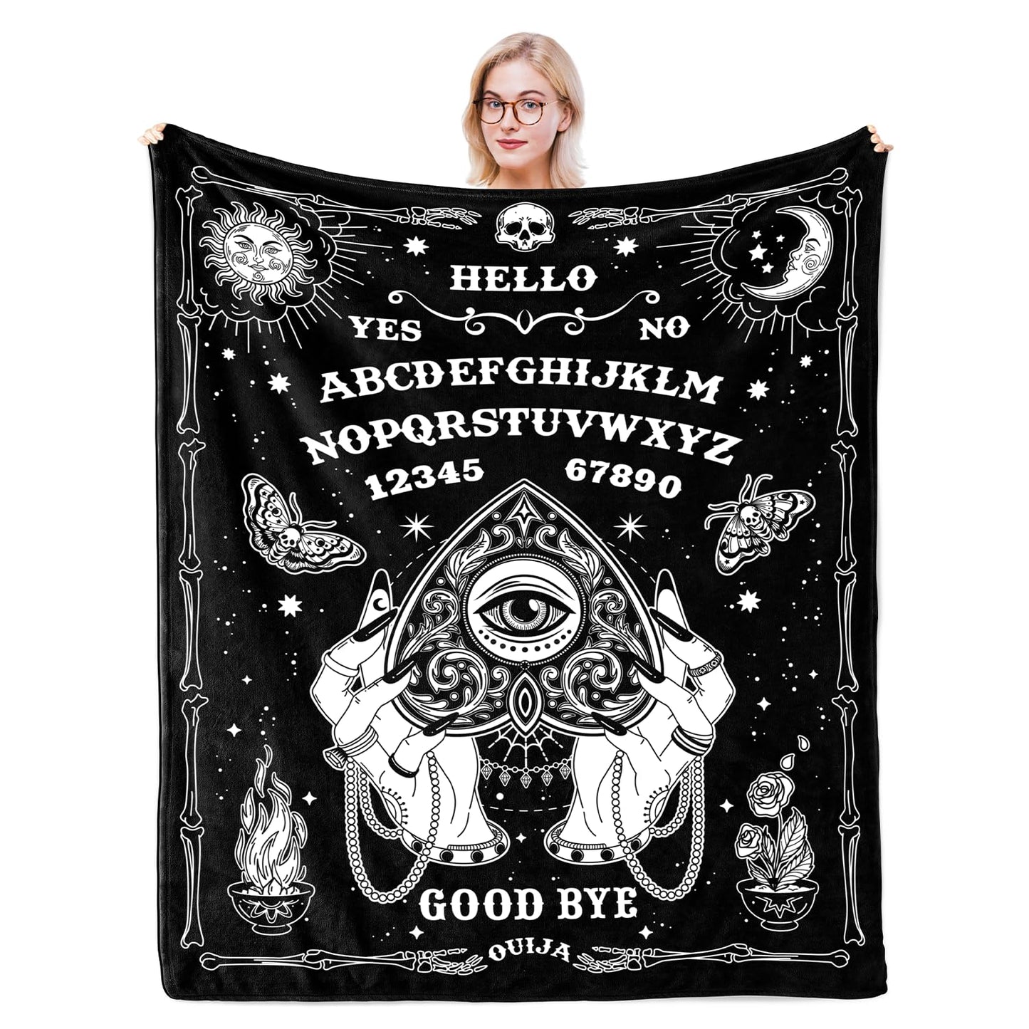 Solzien Ouija Board Blanket 50"x60", Goth Witchy Birthday Gifts for Women/Men, Gothic Skeleton Skull Ouija Board Decor, Halloween Christmas Decorations, Spooky Gifts, Halloween Gothic Throw Blanket
