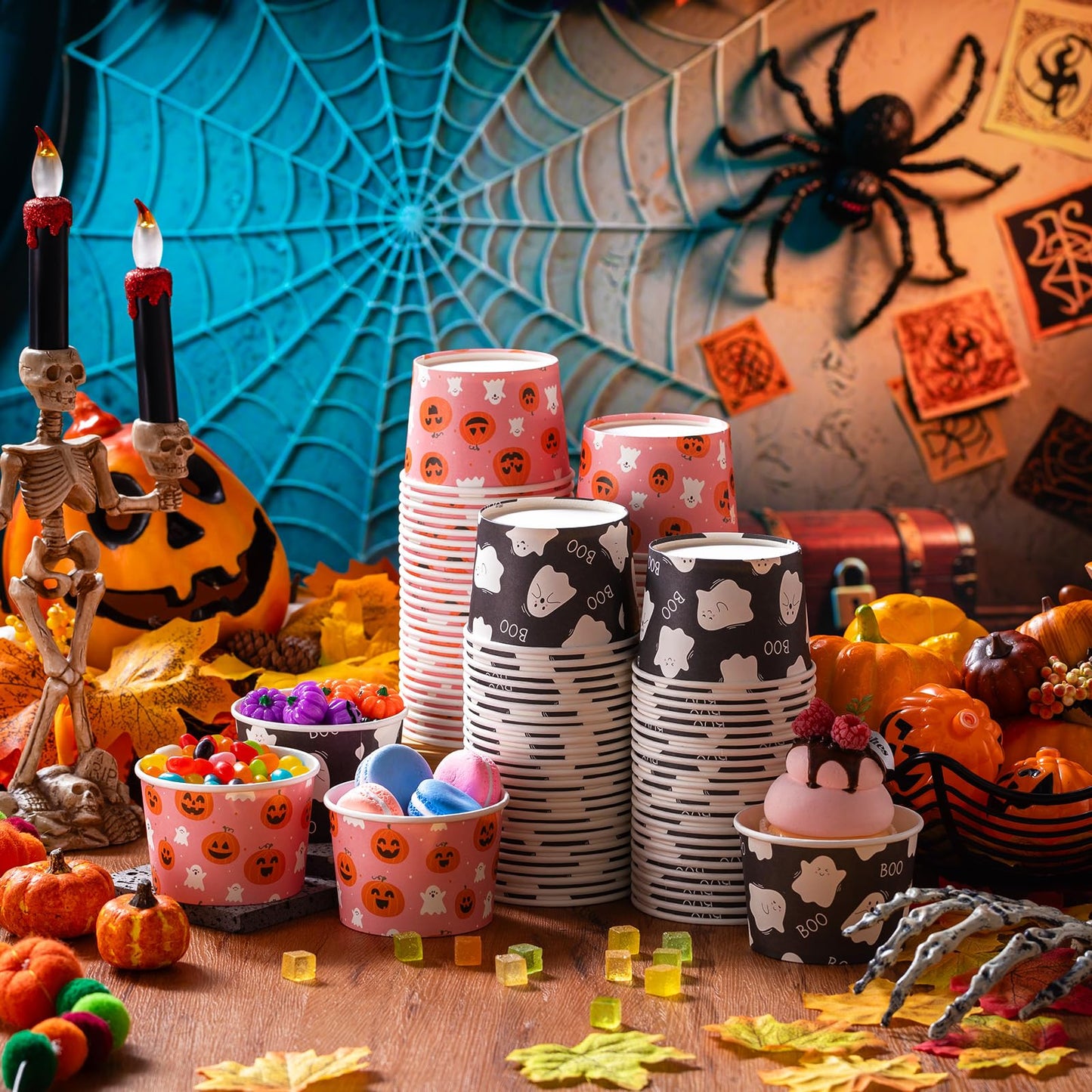 Jingmore 100 Pcs 8 oz Halloween Treat Snack Cups Pink Ghost Pumpkin Disposable Bowls Boo Halloween Paper Bowl for Sundae Frozen Yogurt Soup Birthday Party Supplies