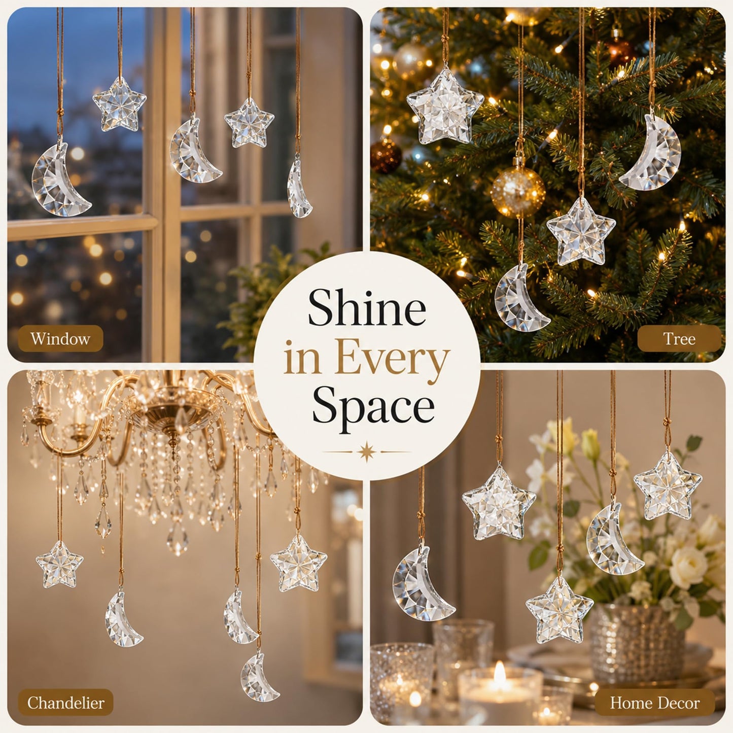 LOULIQIGIFT 6pcs Clear Crystal Star and Half Moon Prisms Ornaments Faceted Glass Hanging Ornaments for Home Garden Window Wedding Party Decor