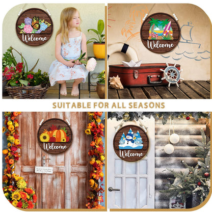Sintuff 16 Pcs 12 Inch Magnetic Welcome Door Sign Interchangeable Front Door Wreath Decor Rustic Seasonal Hanging Sign Patriotic Summer Decor for Home Warming Gift(White Word, Brown Back)