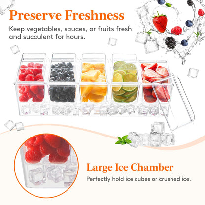 Lifewit Chilled Condiment Caddy with 5 x 20 oz Containers, Compact 15" Garnish Tray with Lids for Bartenders, Taco Bar Party Serving Set & Dirty Soda Bar Supplies, Ideal for Fruit, Salad, Toppings