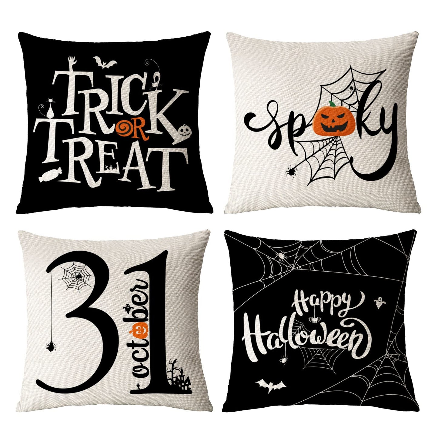 Neatee Living Halloween Pillow Covers 16x16 Set of 4 Trick or Treat Decorative Throw Pillows Cover Black Spider Webs Pillow Cases Home Outdoor Sofa Couch Cushion Covers for Halloween Decor (16 by 16)