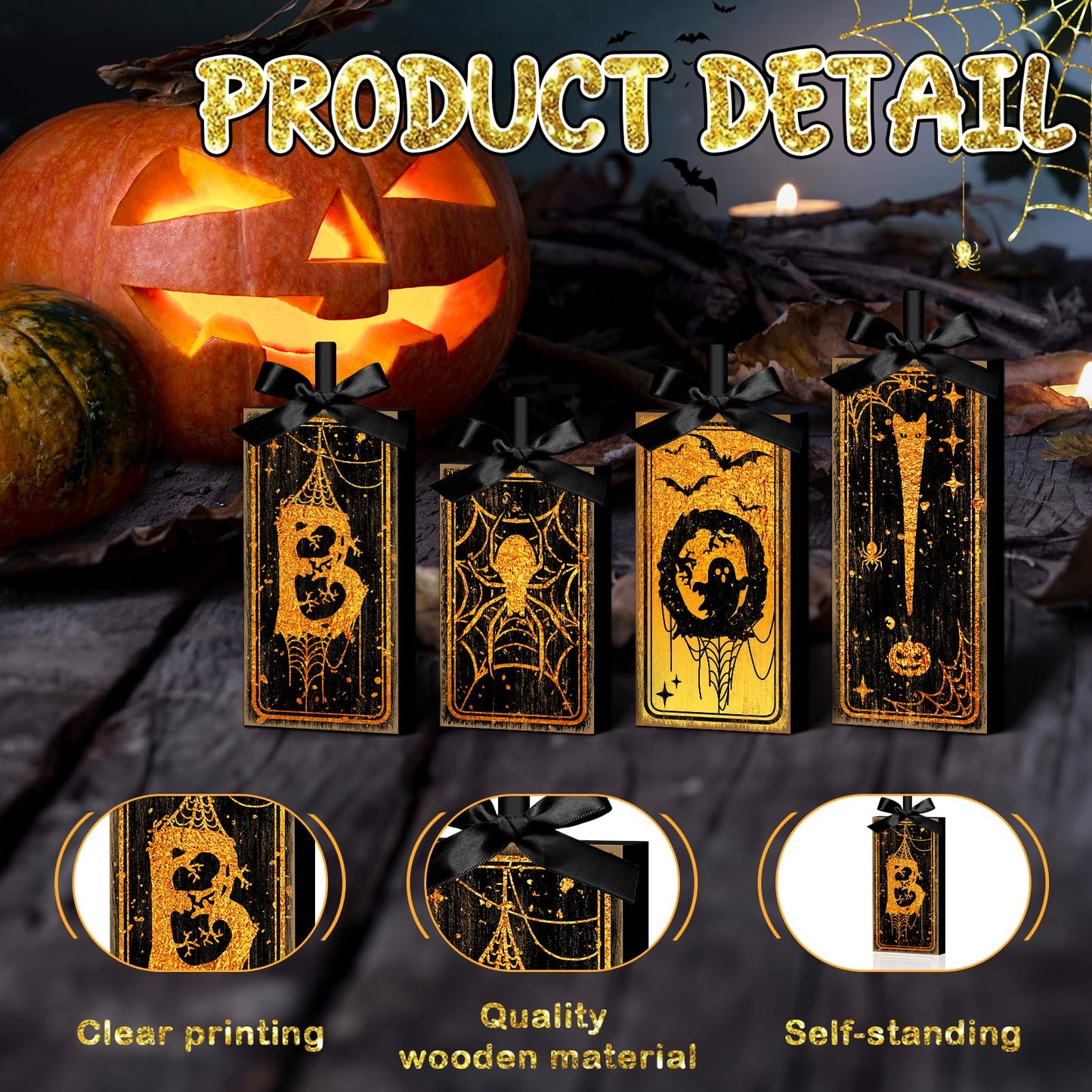 4 Pcs Boo Halloween Sign Wooden Tiered Tray Decor, Spider Ghost Black and Gold Table Decor Farmhouse Rustic Halloween Decorations Party Tabletop Centerpieces for Home Kitchen Indoor Mantel