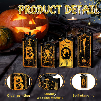 4 Pcs Boo Halloween Sign Wooden Tiered Tray Decor, Spider Ghost Black and Gold Table Decor Farmhouse Rustic Halloween Decorations Party Tabletop Centerpieces for Home Kitchen Indoor Mantel
