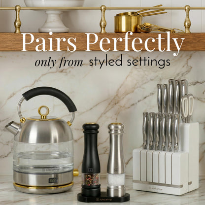 Electric Salt and Pepper Grinder Set - Styled Settings Electric Salt and Pepper Shakers, Automatic Stainless Steel Set with LED Light, Battery Operated, Adjustable Coarseness, Wood Base