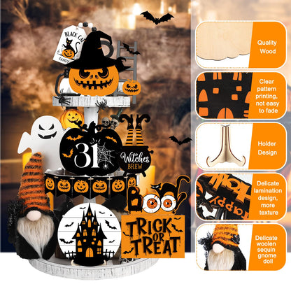 Geetery 18 Pcs Halloween Tiered Tray Decorations Set Wooden Halloween Table Decorations Plush Gnome Pumpkin Ghost Boo Wood Block Sign for Tiered Tray Party Decor Home Supplies
