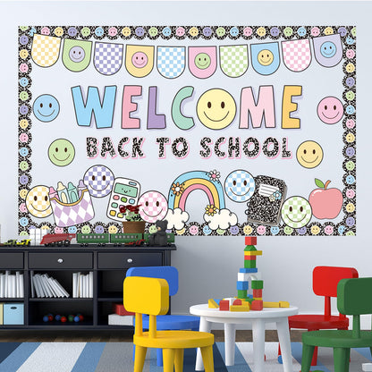Welcome Back Bulletin Board Decorations Set with Borders Composition Notebook Smile Cutouts Decor for Teachers Back to School Bulletin Board for Class School Classroom Chalkboard Wall Decor