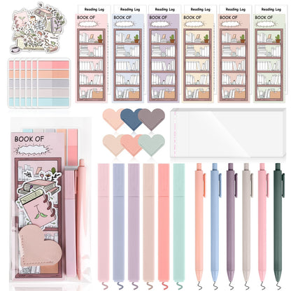 52 PCS Aesthetic Book Annotation Kit 6 Pastel Highlighters and Gel Pens Reading List Bookmarks Sticky Notes Index Tabs Stickers Bible Pages Self-Adhesive Bag for Book Lovers Gifts Book Accessories