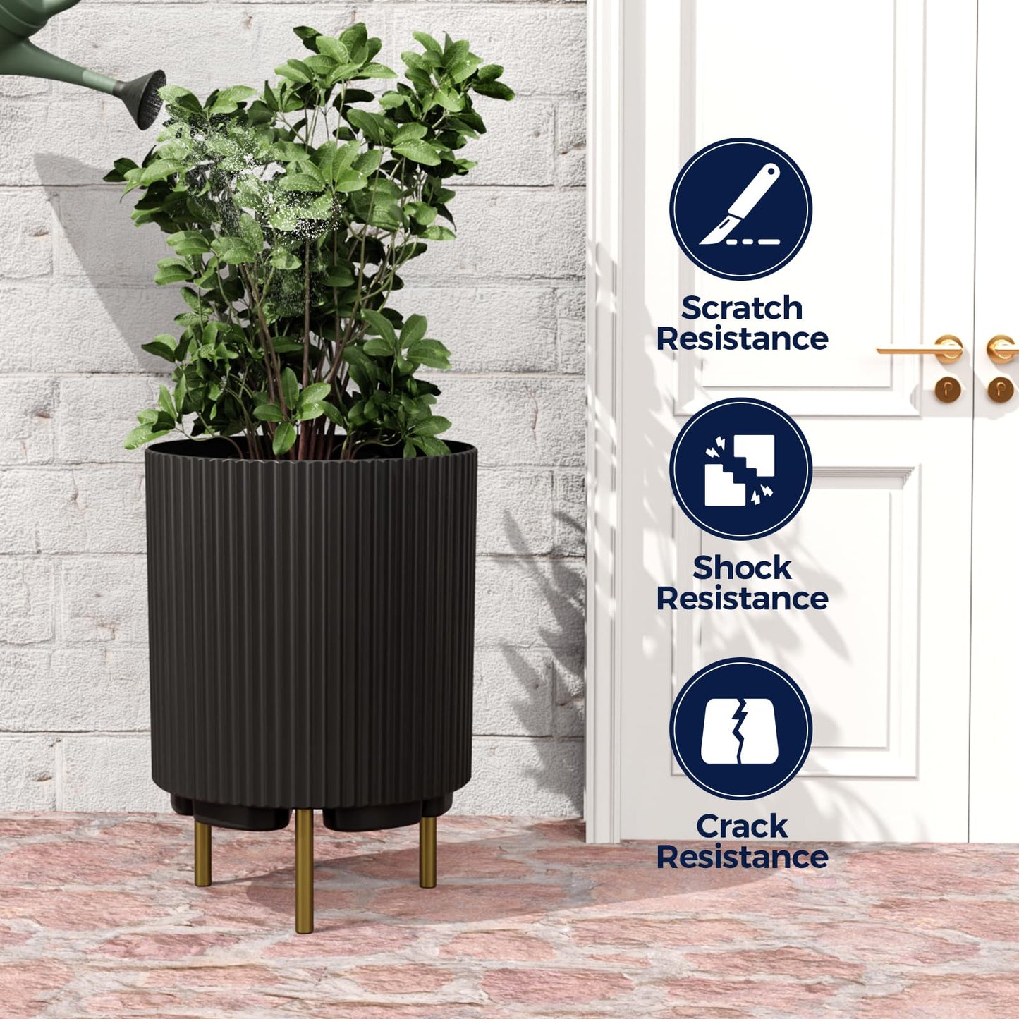 NAYSAYE Round Planter with Stand, 14.76 Inch Plastic Flower Pot Modern Plant Pots with 3 Holder, Garden Planter for Living Room Office Garden Balcony Black
