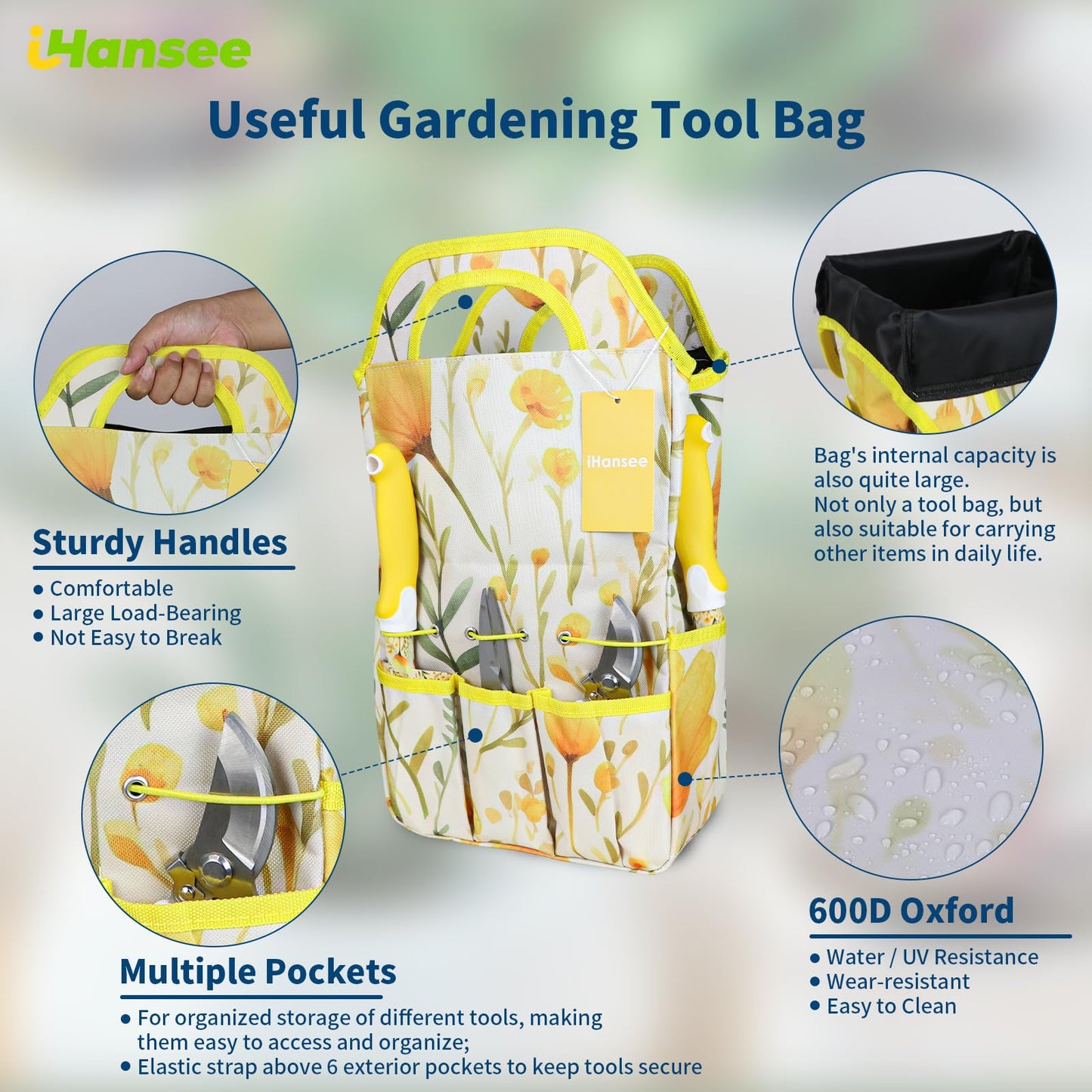 Yellow Garden Tools Set for Women, iHansee 10-Piece Gardening Tool Kit with Handbag, Non-Slip Ergonomic Handles, Gardening Gift for Women, Mom, Garden Lovers