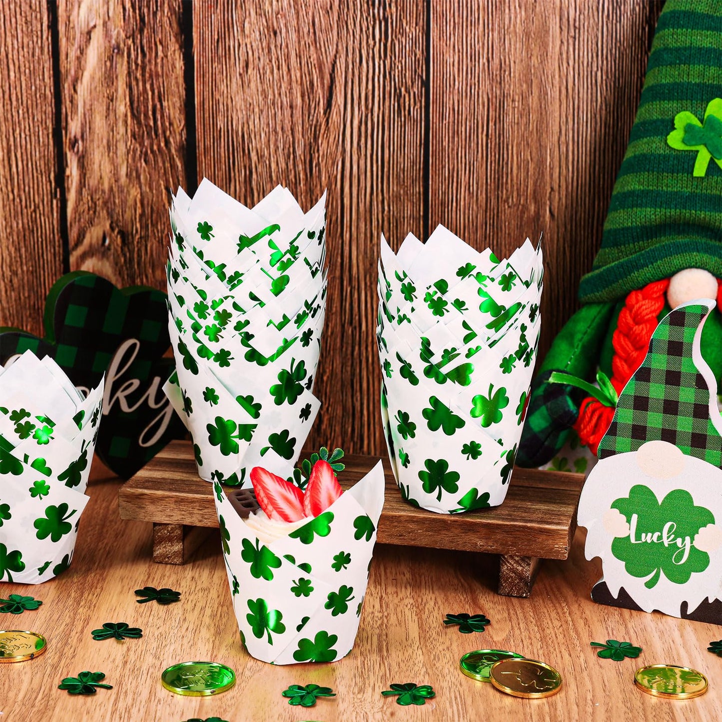 Whaline 120Pcs St. Patrick's Day Tulip Cupcake Liners Green Foil Shamrock Muffin Baking Cups Lucky Clover Cupcake Wrappers for Spring Irish Holiday Party Supplies Table Decor