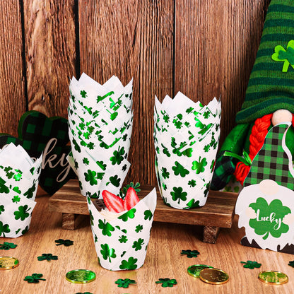 Whaline 120Pcs St. Patrick's Day Tulip Cupcake Liners Green Foil Shamrock Muffin Baking Cups Lucky Clover Cupcake Wrappers for Spring Irish Holiday Party Supplies Table Decor