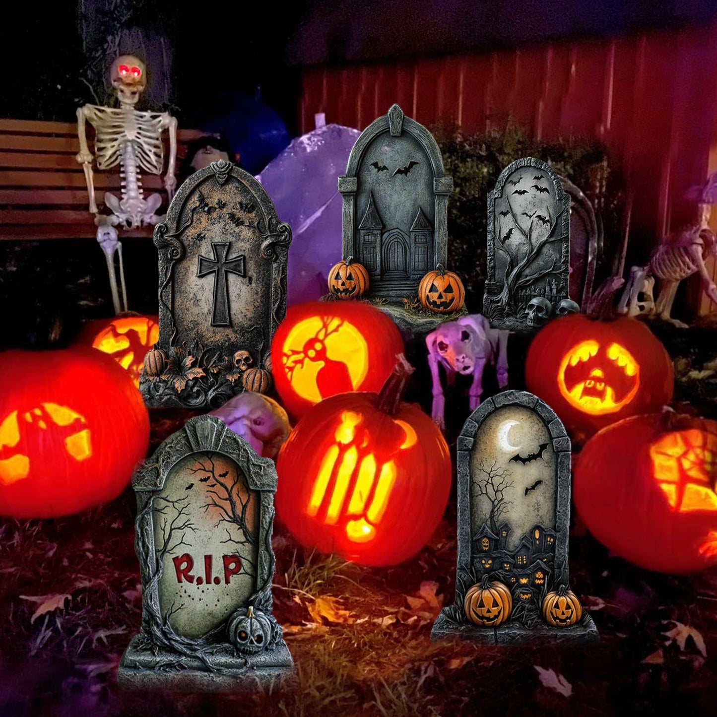 ORNALES 6 Pieces Halloween Tombstone Yard Signs, Waterproof Tombstone Halloween Yard Decorations with Stakes, Ghost Skull Pumpkin Graveyard Design for Outdoor Yard, Garden Lawn, Holiday Party