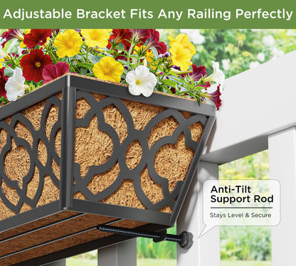 Y&M 36 Inch Window Deck Planter with Coco Liner, Metal Hanging Flower Boxes for Fence, Railing, Balcony, and Outdoor Garden Lawn – 2pcs