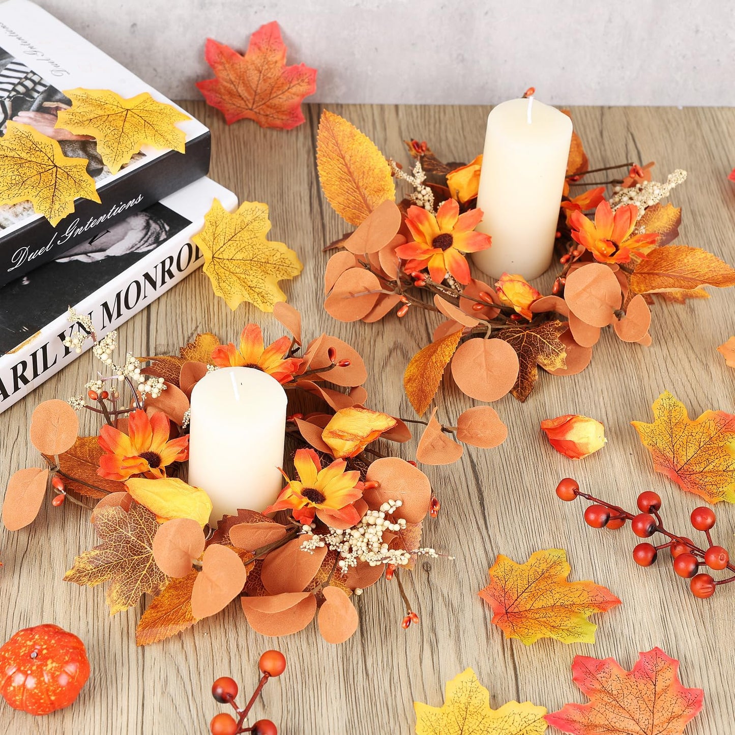 6 Pcs 3 Inch Fall Floral Wreaths Autumn Harvest Sunflowers Pumpkins Leaves Berries Hanging Candle Rings Wreath Mini Thanksgiving Table Centerpiece Wreath for Pillar Cabinets Farmhouse Decoration